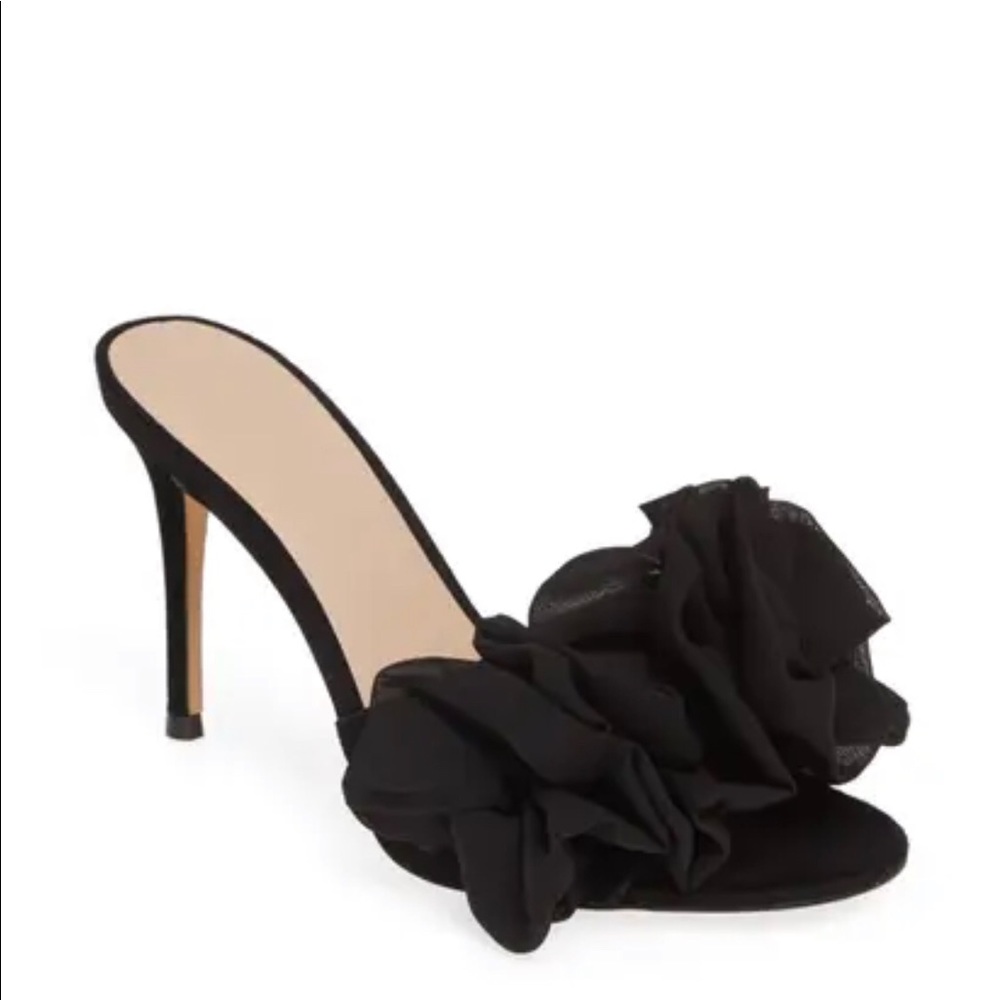 SOMETHING NAVY BLACK SUEDE HEELED SLIDE WITH RUFFLE NWT SIZE 6.5